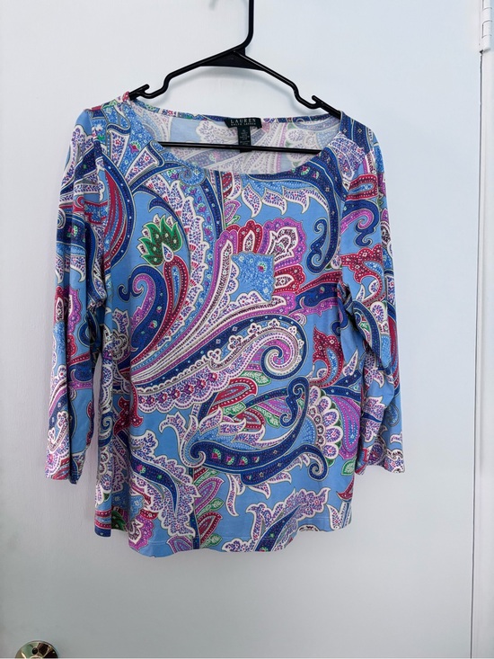Ralph Lauren Tops - Lauren Ralph Lauren Paisley 3/4 Sleeve Boat Neck Blouse XL Blue Cotton Modal